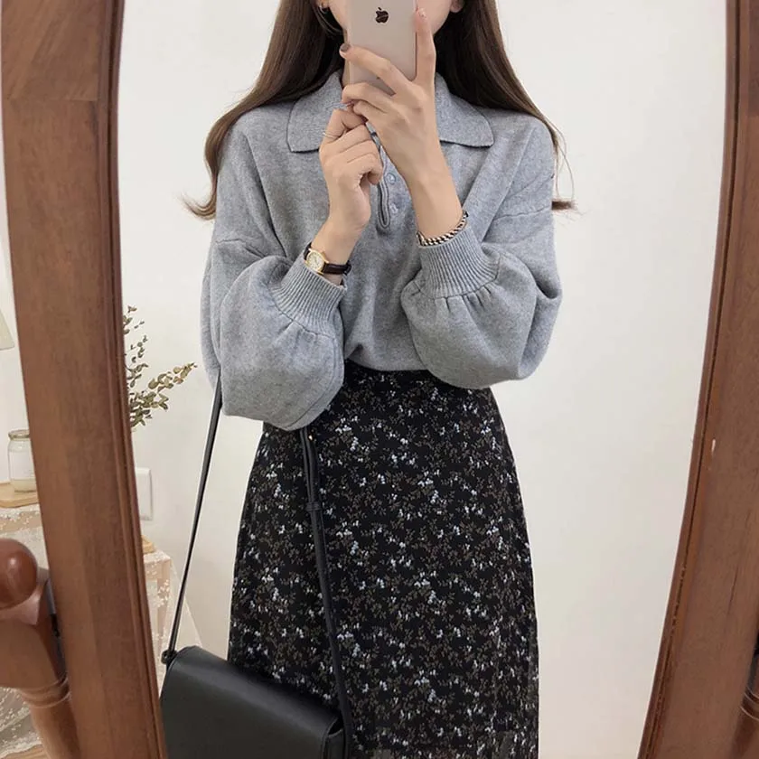 2019 Autumn New Women's Pullovers Sweater Turn-down Collar Full Lantern Sleeve Button Design Solid Korean Casual Tops T97322D | Женская