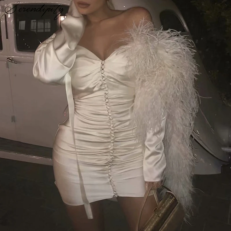 SRDP Off shoulder puff sleeve summer mini white dress Women elegant shir party short Female streetwear buttons | Женская одежда