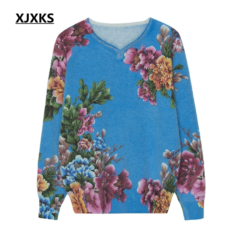 XJXKS Best Quality Cashmere Sweater Print Flower Women Pullover Sweaters Plus Size Winter Clothes Knitted Jumper | Женская одежда