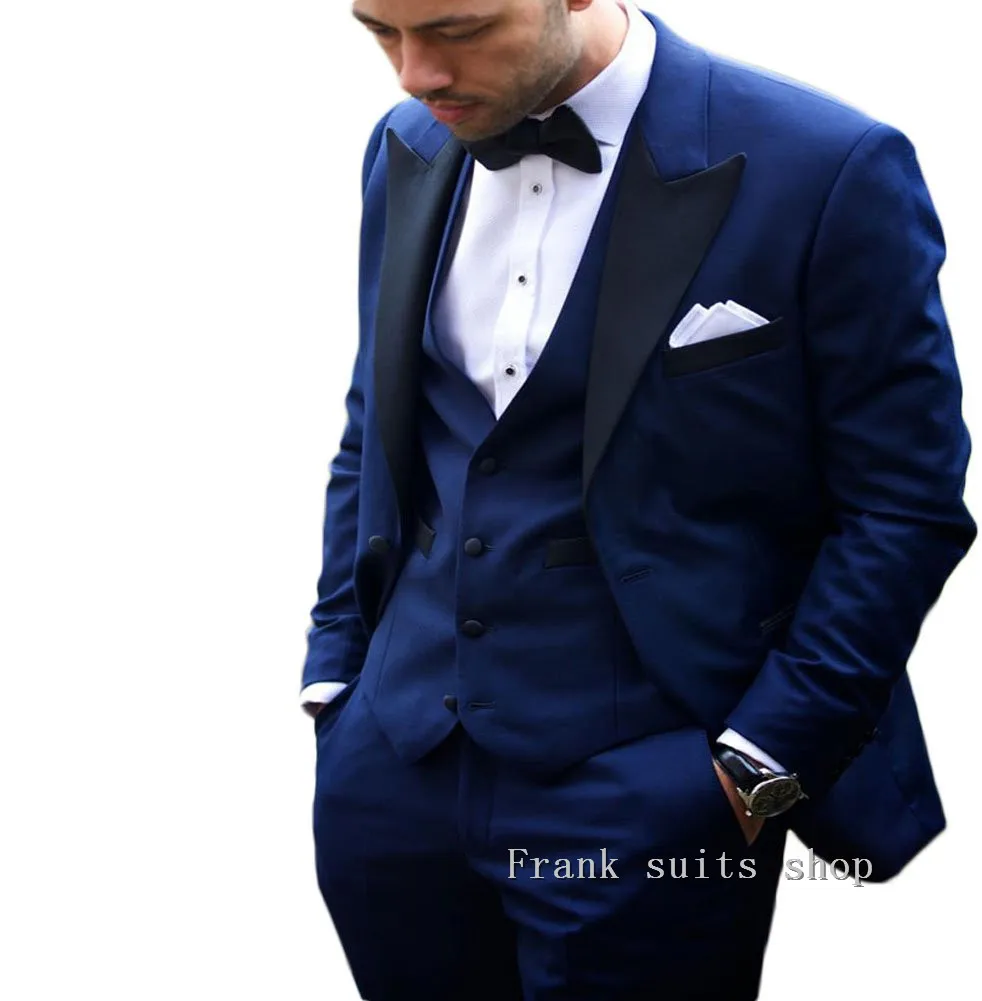 Navy Blue Wedding Prom Suit Blazers Slim Fit Tuxedos For Men Formal Business Work Wear Suits 3Pcs Set (Jacket+Pants+Vest)