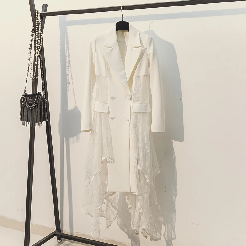 White Long Style Белый Асимметричный блейзер для женщин с длинным рукавом двубортный Блейзер сексуальный кружевной Простроченный полый перспективный Длинный блейзер Feminino - Цвет: White Long Style