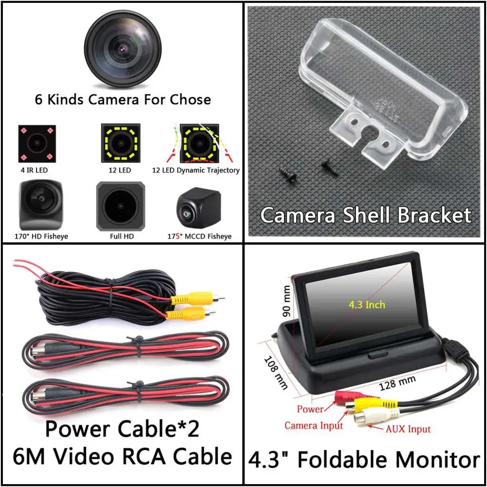 Camera 4.3 inch Fold 175 градусов MCCD рыбий глаз 12LED HD камера заднего вида для Toyota Camry Verso EZ 2012 Yaris Corolla Vios peugeot 206 207 307 407 - Название цвета: Camera 4.3 inch Fold