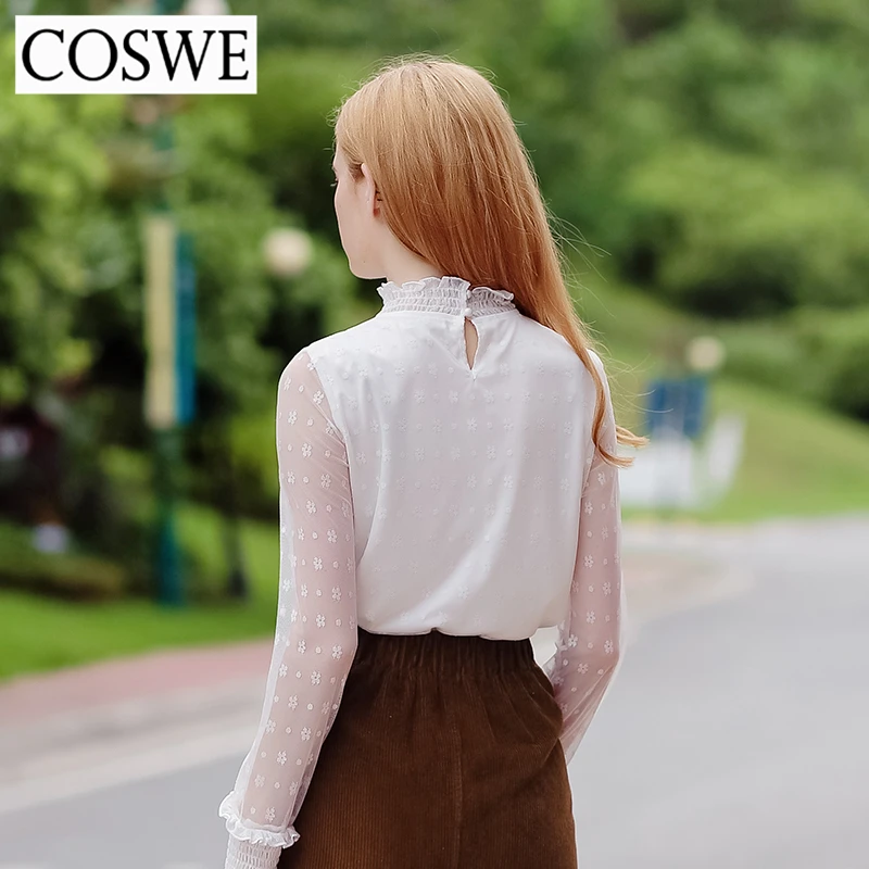 Coswe Новый зима-осень белый Кружево шифон Рубашки для мальчиков Для женщин с