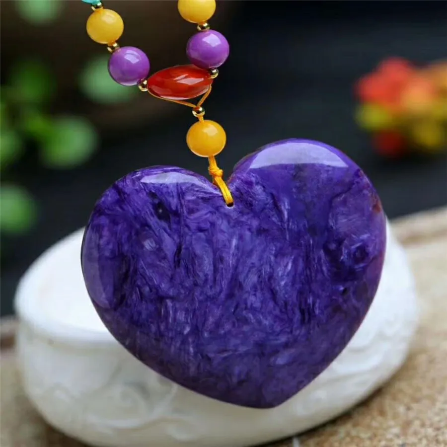

2018 Newly Genuine Natural Purple Charoite Crystal Necklace Heart Shaped Fashion Women Men Crystal Stone Pendant 49*53*8mm