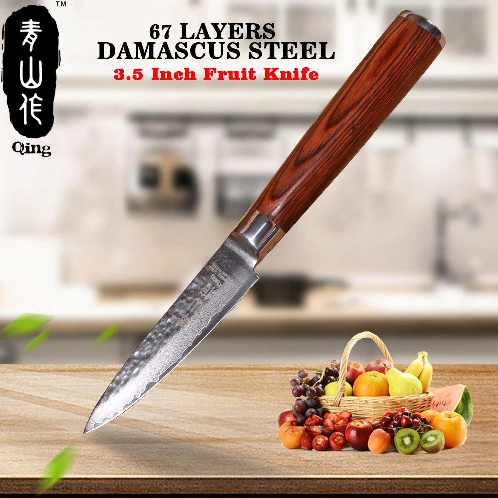 

QING 3.5 INCH Paring Damascus Steel Kitchen Chef Knife VG 10 Sharp Blade Layer 67 Wood Handle Fruit Peeling Knife Slicer