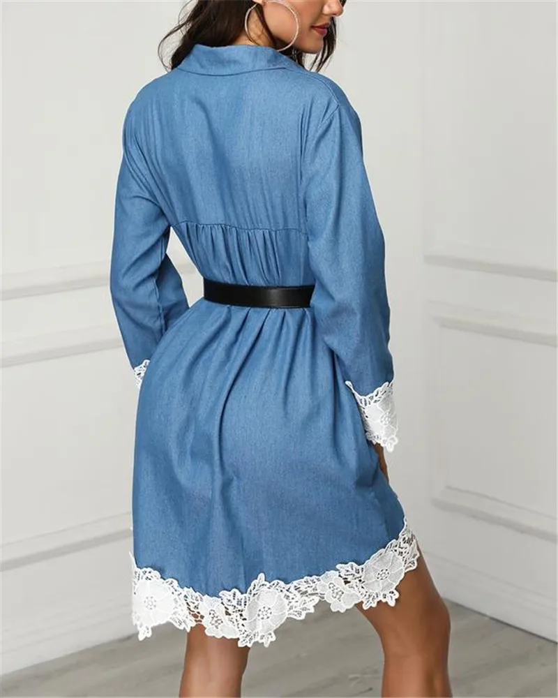 

HIRIGIN Women Boho Button Down Denim Mini Dress Lady Short Sleeve Belted Fashion Long Tops Shirt Dresses