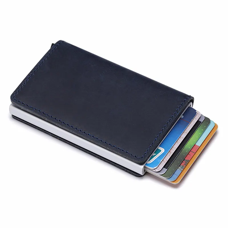 

YAMBUTO 100% Genuine Leather Credit Card Holder Aluminum Metal Business ID Cardholder Slim Card Case Mini Card Wallet For Men