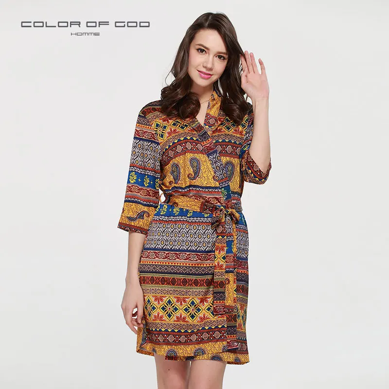 Осенний Шелковый женский халат с богемным принтом ночная рубашка женское