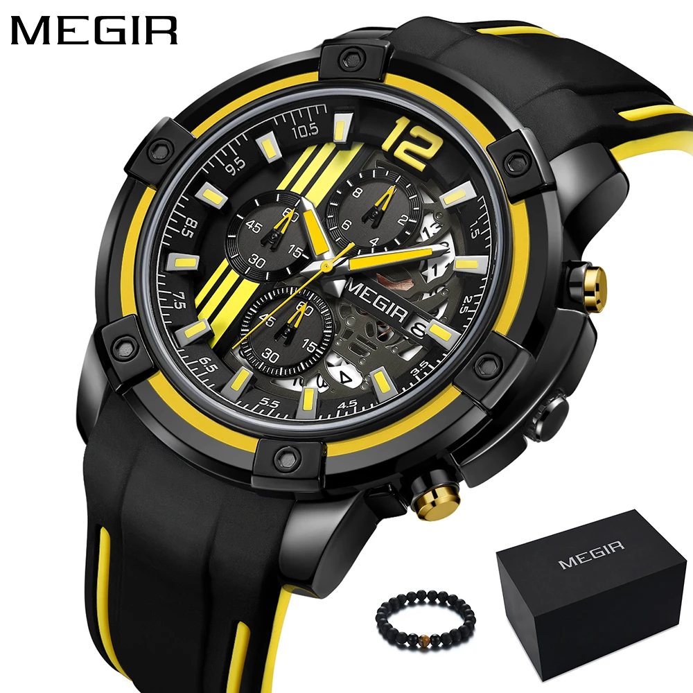 MEGIR брендовые новые модные спортивные часы мужские Кварцевые черные силиконовые