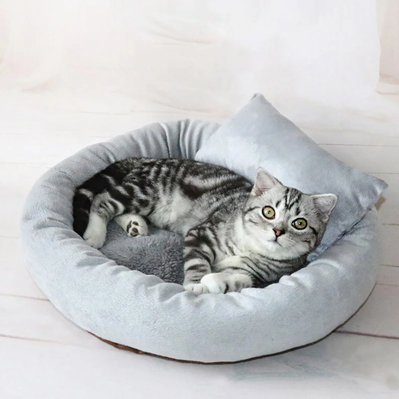 Однотонная кровать для кошки удобная круглая мягкая котят диван теплое гнездо