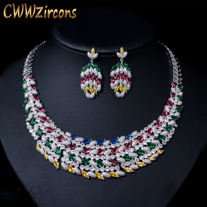 CWWZircons Блестящий Многоцветный кубический цирконий Большое тяжелое свадебное ожерелье ювелирный набор для невесты аксессуары для свадебного платья T178