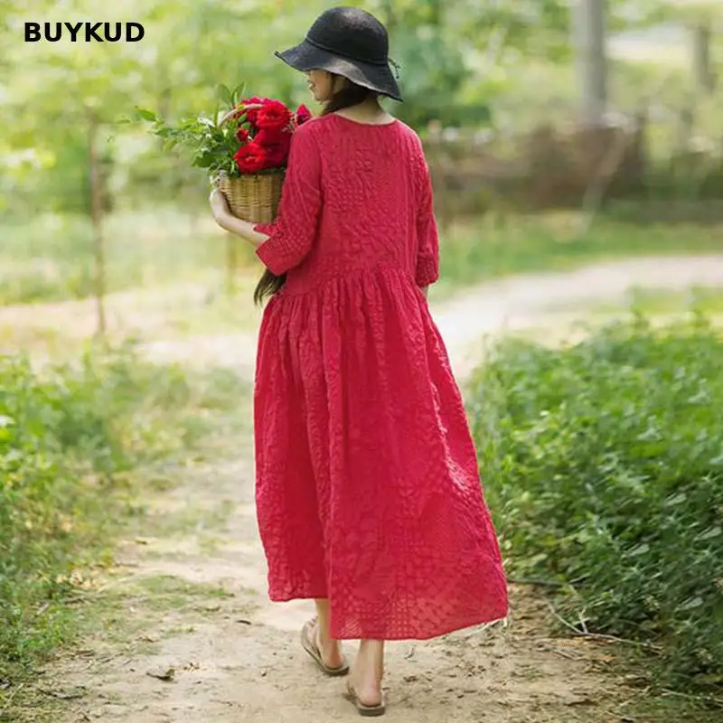 Фото BUYKUD 100% хлопок летнее платье для женщин Prairie Chic Свободные Повседневное красное BUYKUD 100% хлопок летнее платье для женщин Prairie Chic Свободные Повседневное красное