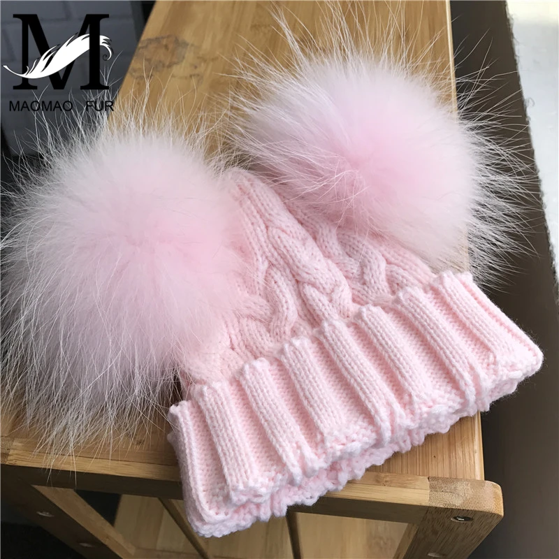 Милая шапка с помпоном из натурального меха для детей зимние вязаные шапочки