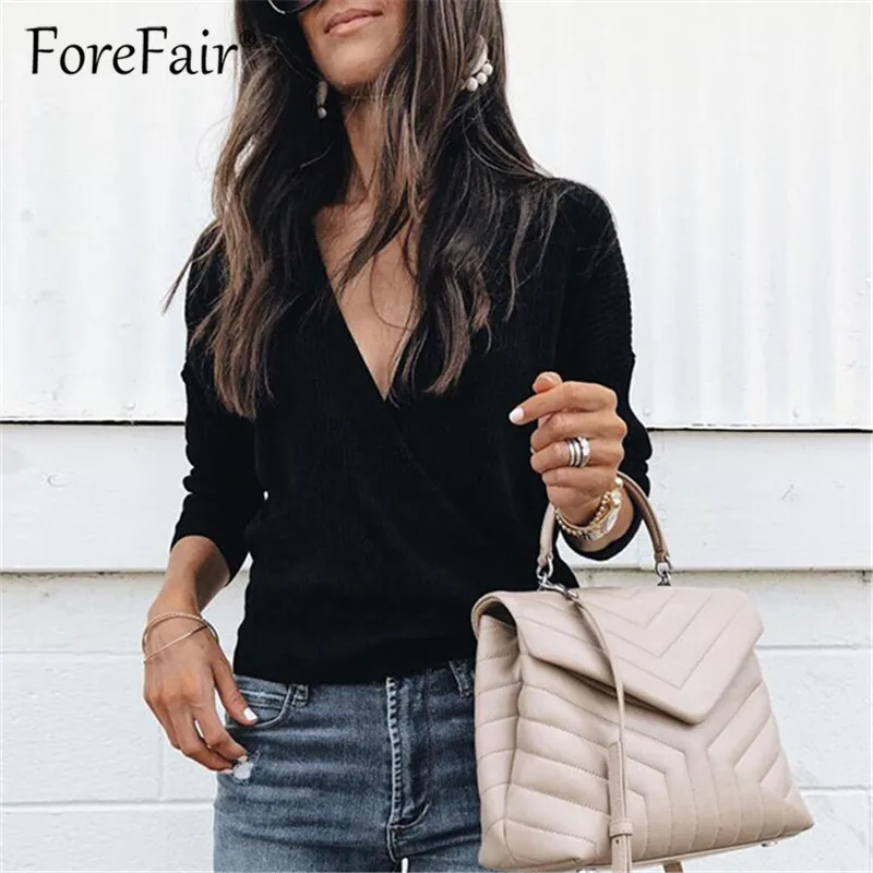 Forefair, трикотажная футболка, Женский Топ, осень, крест-накрест, v-образный вырез, длинный рукав, футболка, женский трикотаж, повседневные топы, футболки