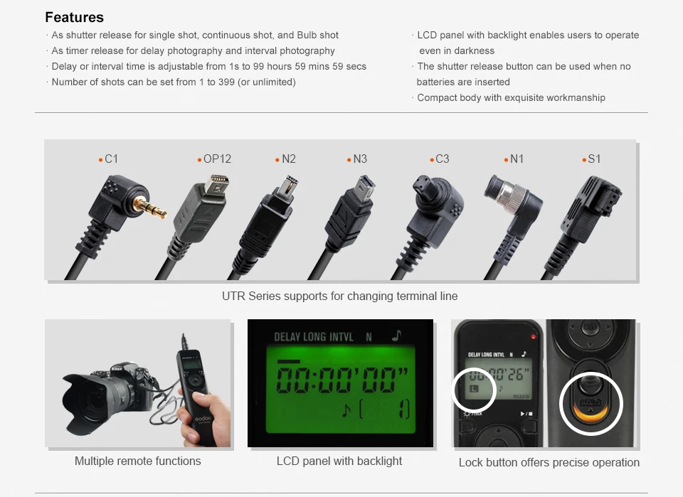 Godox цифровой таймер дистанционного UTR-C1/C3/N1/N3/S1 с ЖК-панелью с подсветкой сменный кабель спуска затвора контроллер для камеры