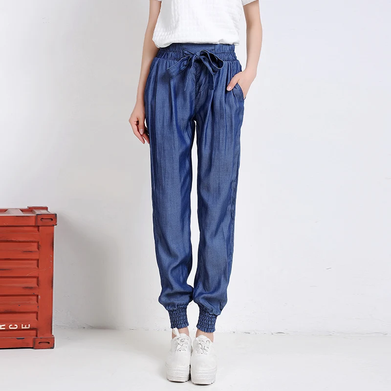 

summer new female Tencel jeans woman thin high waist harem pants loose elastic waist denim casual lantern pants female