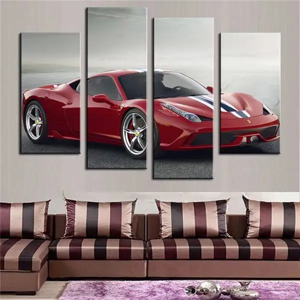 4 шт. (без рамки) Красный спортивный автомобиль Настенная картина украшение дома