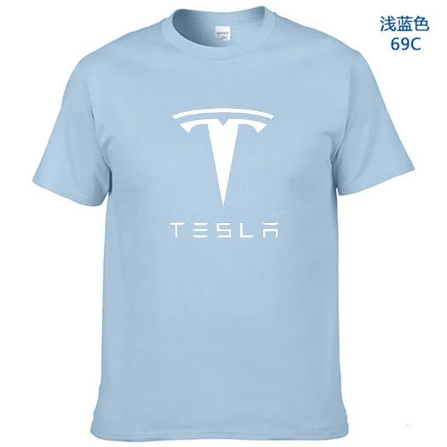 New Tesla Men T Shirts Short Sleeve Round Neck Ringer Letter Printed cotton Male Tees Casual Boy t-shirt Tops many colors - Цвет: Light Blue-W