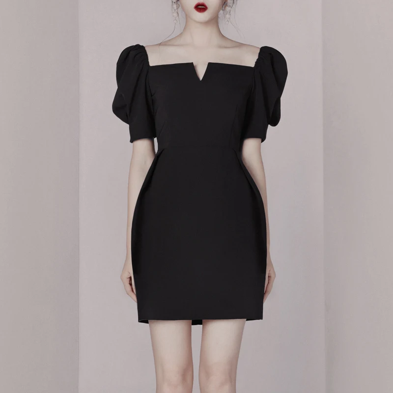 Женское мини платье с пышными рукавами INDRESSME черное вечернее квадратным v