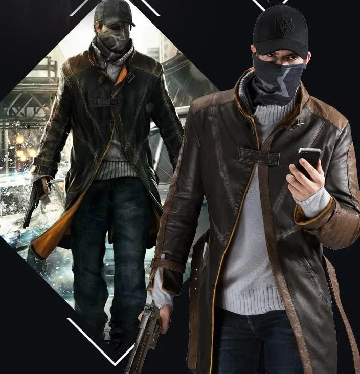Watch Dogs, косплей, Aiden Pearce, костюм, искусственная кожа, пальто+ шапка+ шарф, маска для лица, один набор, игровой костюм для косплея