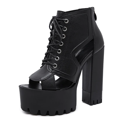 black shoes Gdgydh/весенне-летняя обувь; женские ботинки на блочном каблуке; готическая обувь с открытым носком и ремешком на щиколотке; женская обувь на платформе и каблуке; черная кожа - Цвет: black shoes