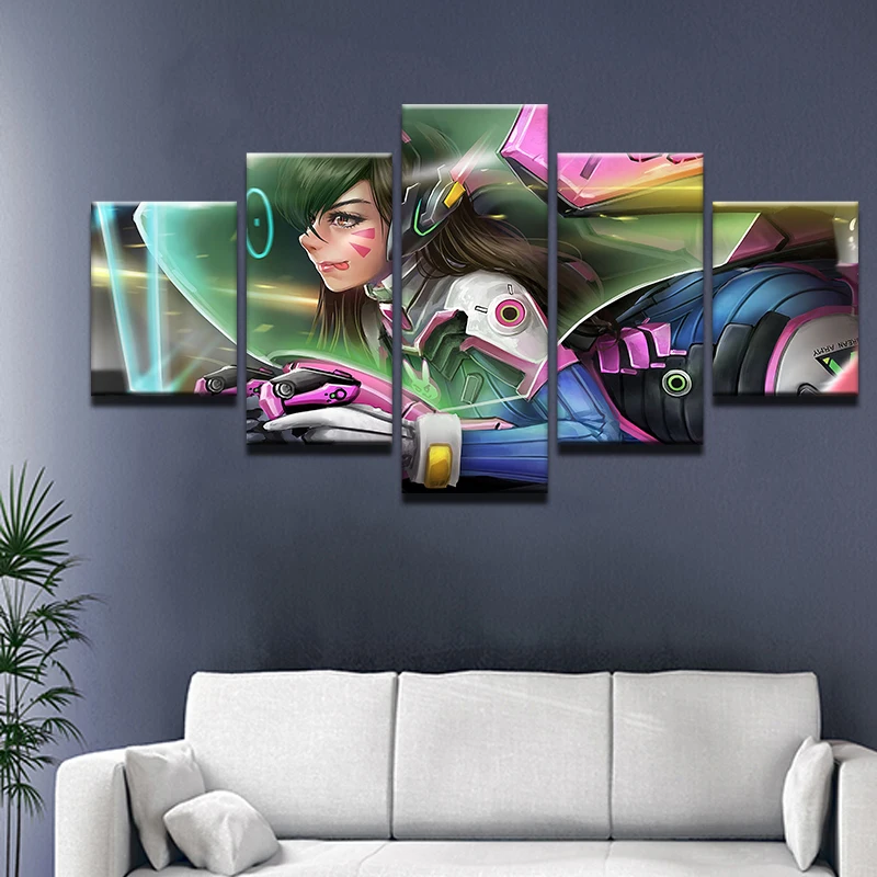 Overwatch D.VA настенное искусство 5 панелей Холст Картина Куадрос Настенный декор игра