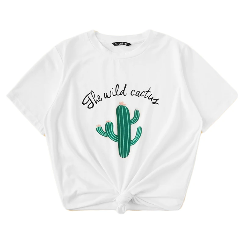 SHEIN Футболка С Графическим И Текстовым Принтом Стильный Укороченный Топ С Узлом И Принтом