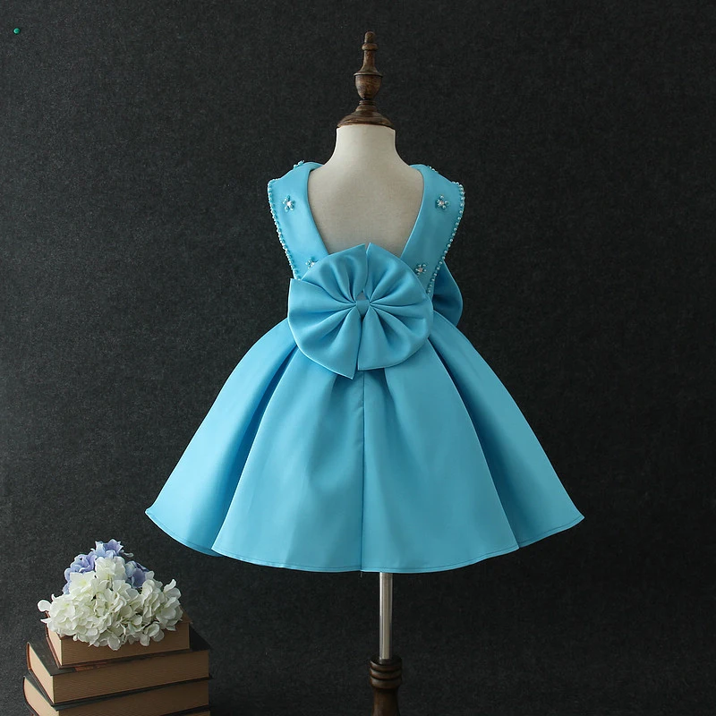 Light Blue Атласные Платья с цветочным узором для девочек на свадьбу, г., с бусинами, с бантом, для детей, на день рождения, торжественное платье, платье для выпускного вечера, платье для первого причастия - Цвет: Light Blue