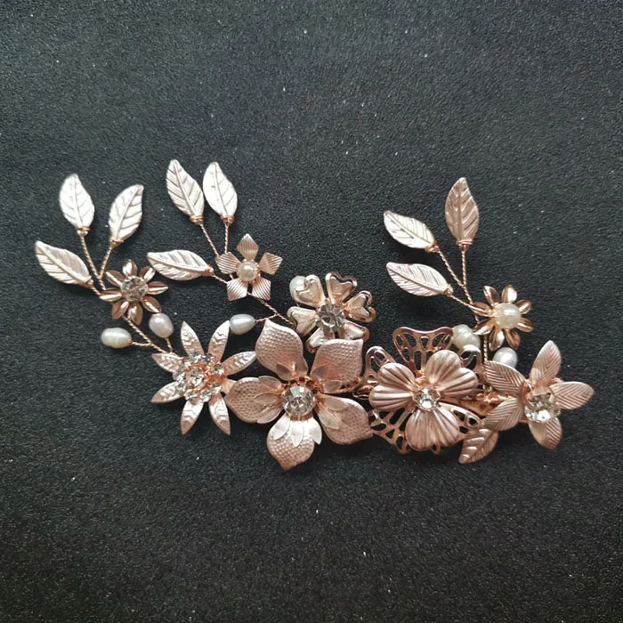SLBRIDAL, золотистые, проводные, хрустальные стразы, Пресноводный Жемчуг, цветок, свадебные заколки для волос, заколки, свадебные головные уборы, аксессуары для волос - Окраска металла: Rose Gold