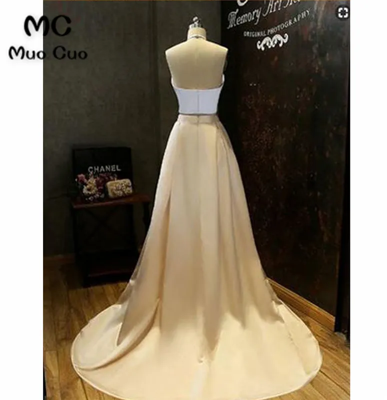 2018 A Line Двойка платье Вечерние платья Длинные Холтер молния Назад атласная