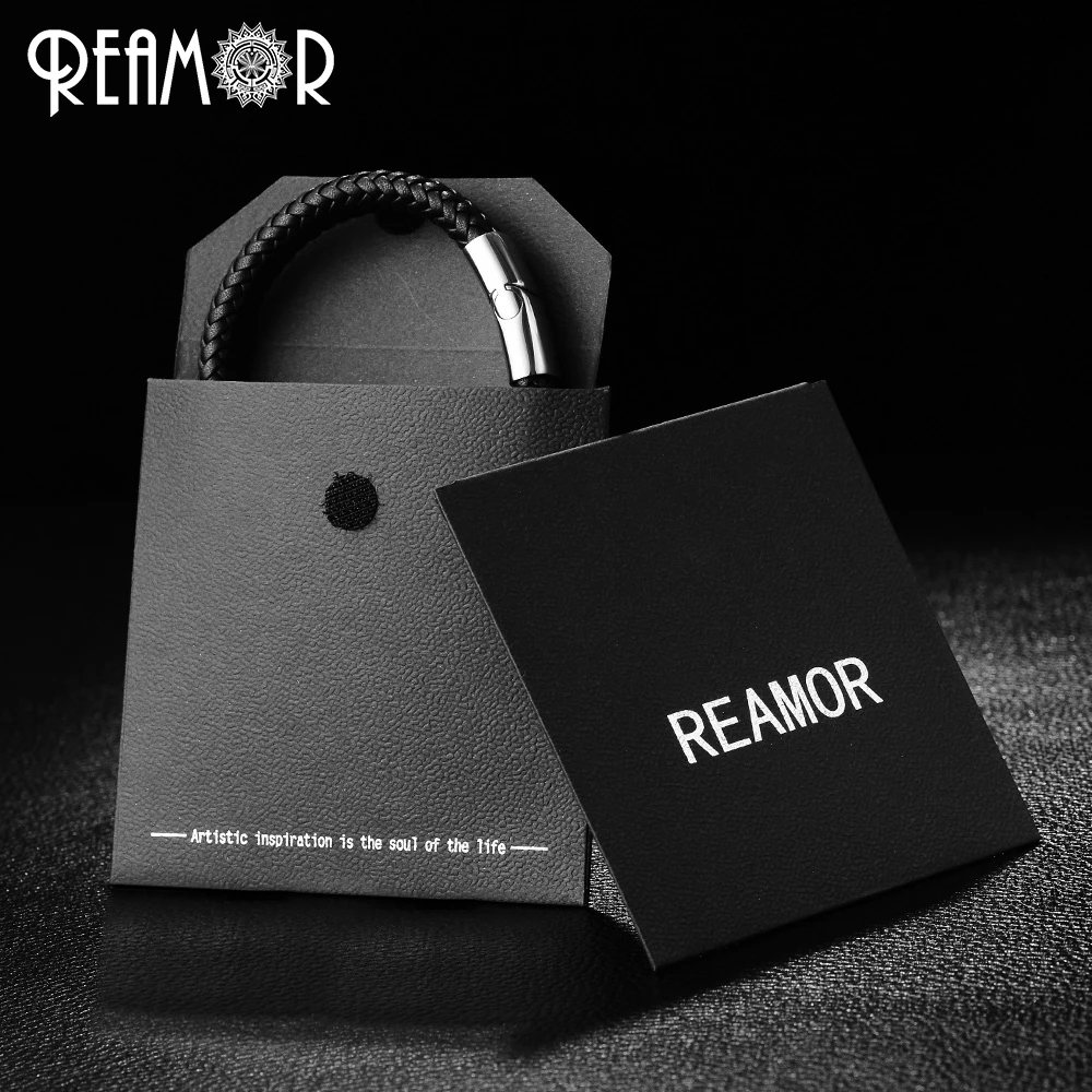 Широкие плетеные кожаные браслеты REAMOR из нержавеющей стали 316L с бусинами мужские