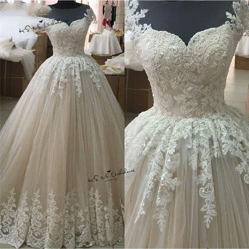 

Turkey Champagne Wedding Dress 2019 Lace Vestido de Noiva Princesa Wedding Gowns Cap Sleeve Puffy Vintage Bride Dresses Gelinlik