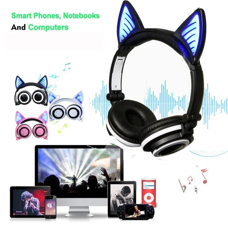 Складные милые наушники с кошачьими ушками Bluetooth 4,2 мигающие светящиеся наушники беспроводные наушники для девочек детей