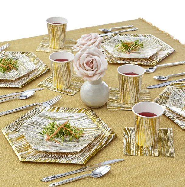 40 шт./компл. золотые бумажные стаканы в полоску и тарелки декор для свадьбы дня