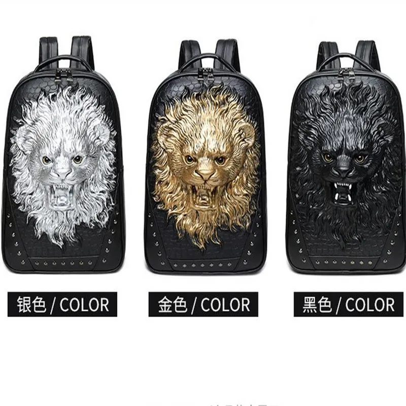 

Black Gold Silver Men Retro Rivet Backpack Unique PU Leather 3D Travel Bag Punk Rivet Animal Printing Waterproof Men Laptop Bags