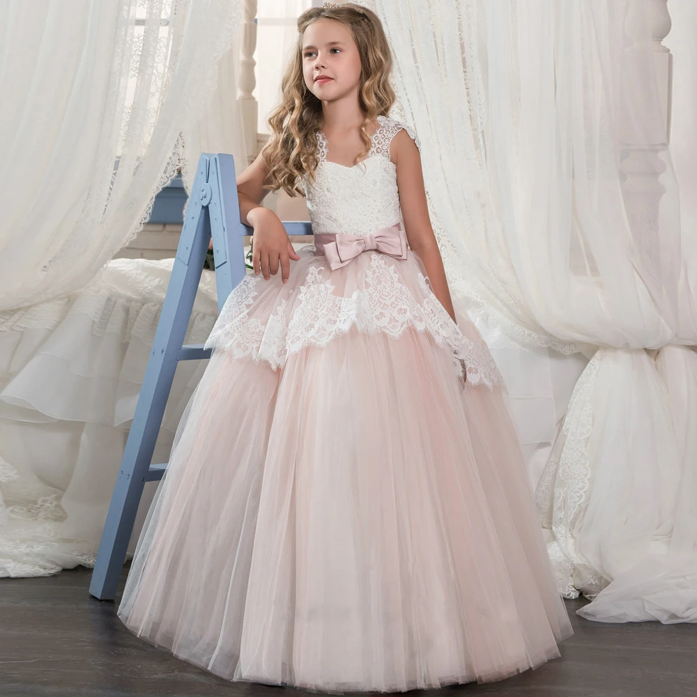 pink long party dresses for girls 2-12 years tulle ball gowns kids with bow lace flower wedding 2018 | Детская одежда и обувь