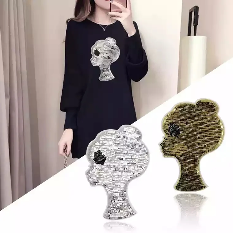 

1pc Large Beauty Alien sequined embroidery patch clothes decorative dress appliques DIY sequined Lady Girl Head patches Iron on
