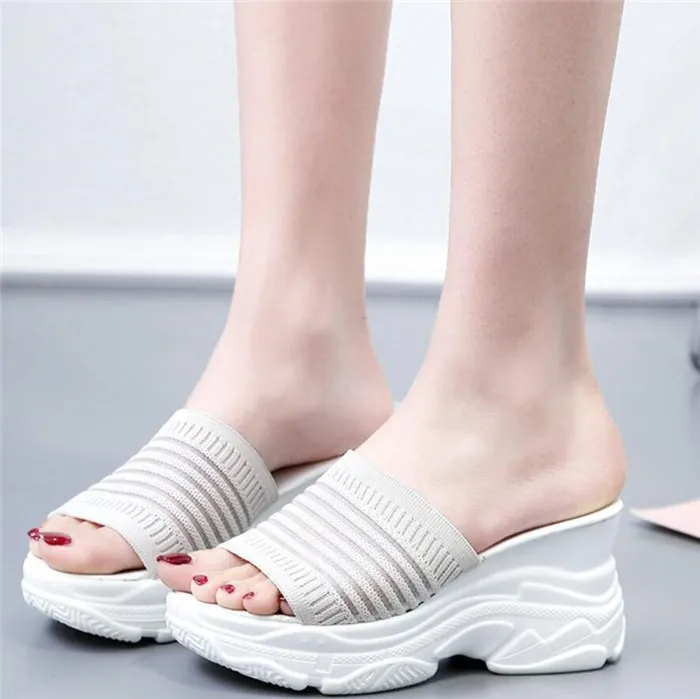 Женские тапочки Новинка вязаная обувь на платформе с открытым носком женская