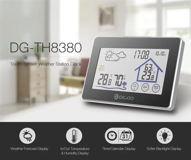 Digoo DG-TH8380, беспроводной термометр с сенсорным экраном, гигрометр, для помещений, метеостанция, для улицы, датчик погоды, часы, счетчик, календарь
