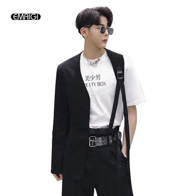 Мужской приталенный костюм с асимметричным воротником без воротника