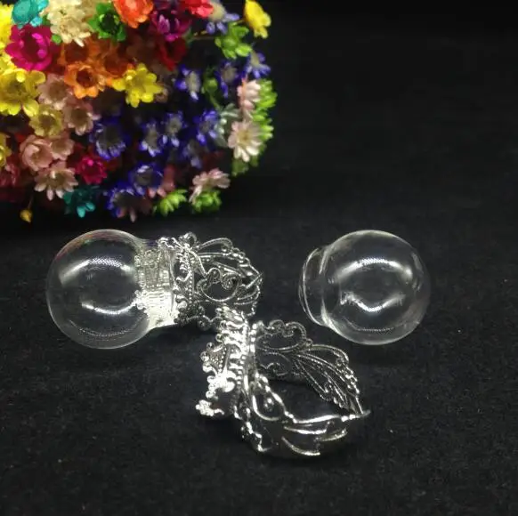 500sets/lot 25*15mm round Glass Bubble vial glass globe dome cover with ring setting DIY pendant wishing bottle | Украшения и