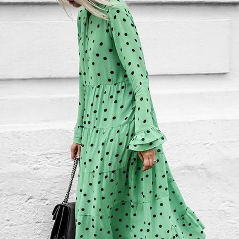 fall new deep V collar long sleeve dot print big swing loose long dress
