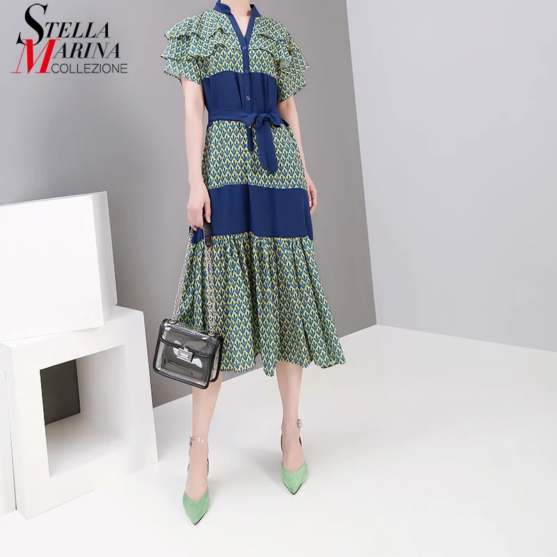 2019 женское летнее зеленое платье с принтом в Корейском стиле поясом