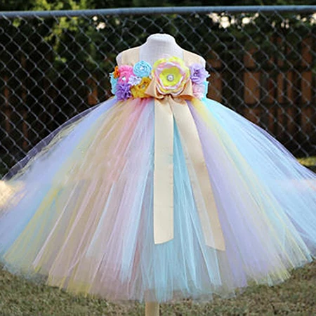 dress with a set Пастельное Радужное платье-пачка с единорогом и цветами для девочек; платье-пачка длиной до щиколотки для маленьких детей; платье принцессы подружки невесты; детская одежда для дня рождения - Цвет: dress with a set
