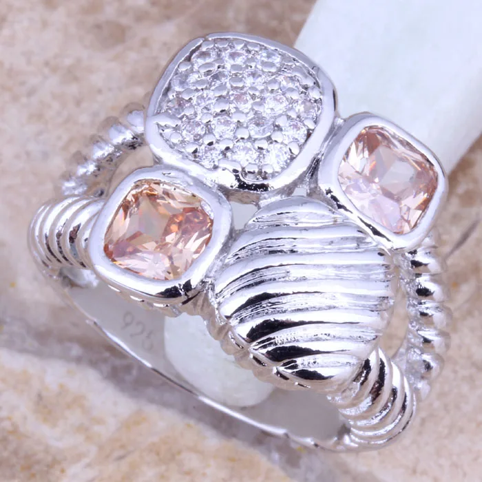 Фантастическое женское кольцо цвета шампанского Morganite белое CZ с серебряным