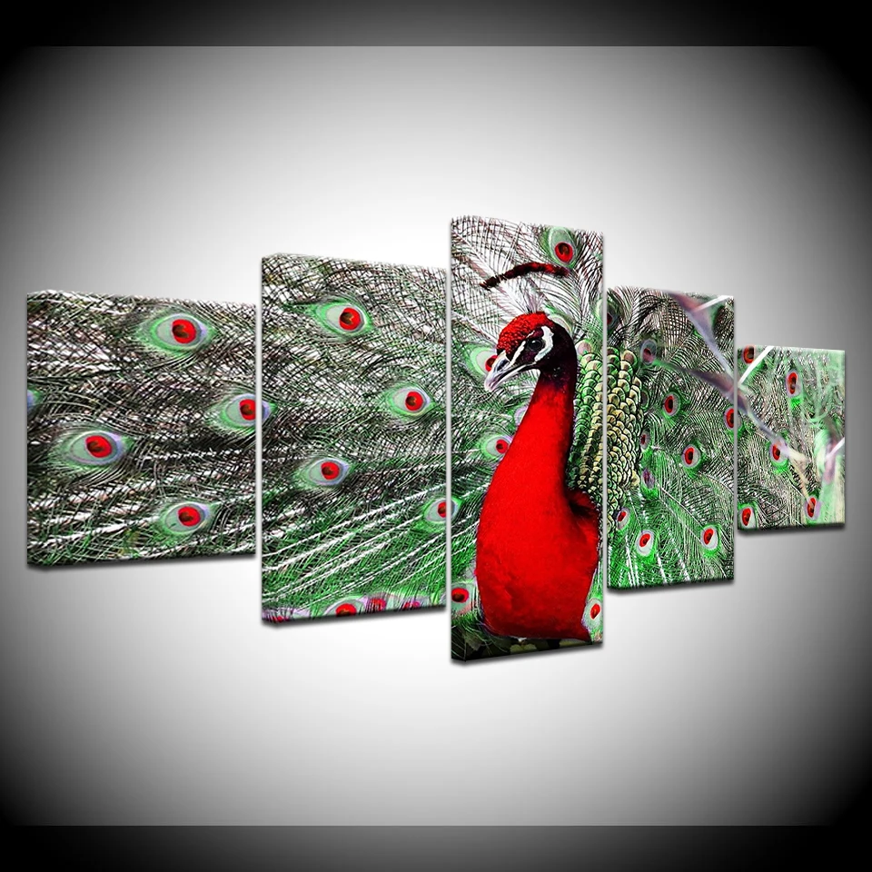 Модульная HD принты картины на холсте Wall Art Home Decor 5 шт. красный павлин Плакаты