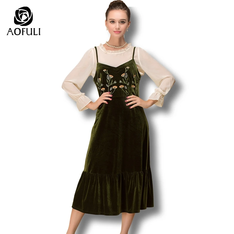 AOFULI XL-4XL Сицилия стиль Цветочный Вышивка платье костюм 2 шт. камзол длиной до икры