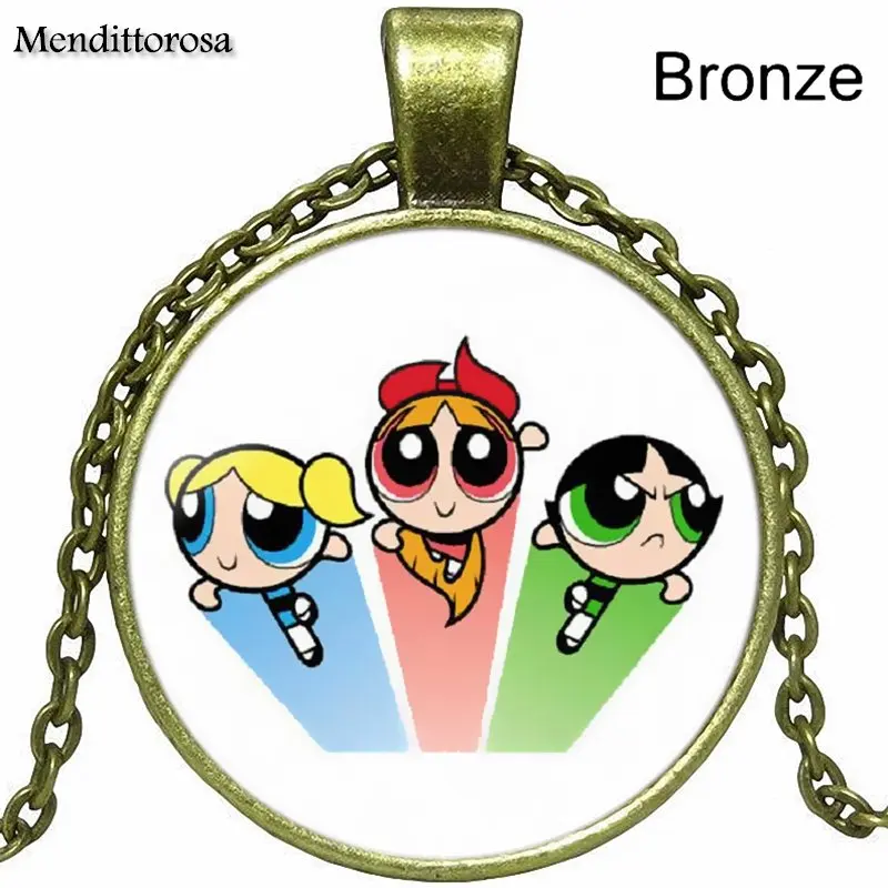 as picture Powerpuff девушки Powerpuff Девушки серии Мода стекло кулон с кабошоном для школьниц Макси ожерелье - Окраска металла: as picture