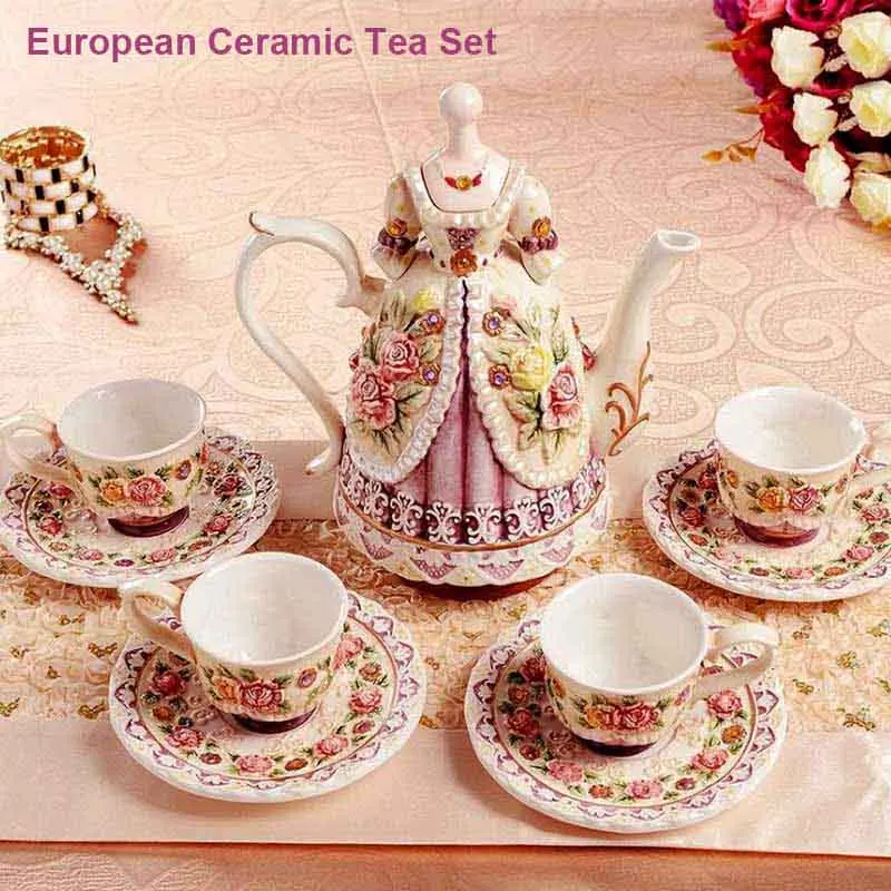 

BORREY Ceramic Coffee Pot Beauty Tea Pot Set European Embossed Coffee Cup With Dish Figurines Coffee Pot Porcelain Wedding Gifts