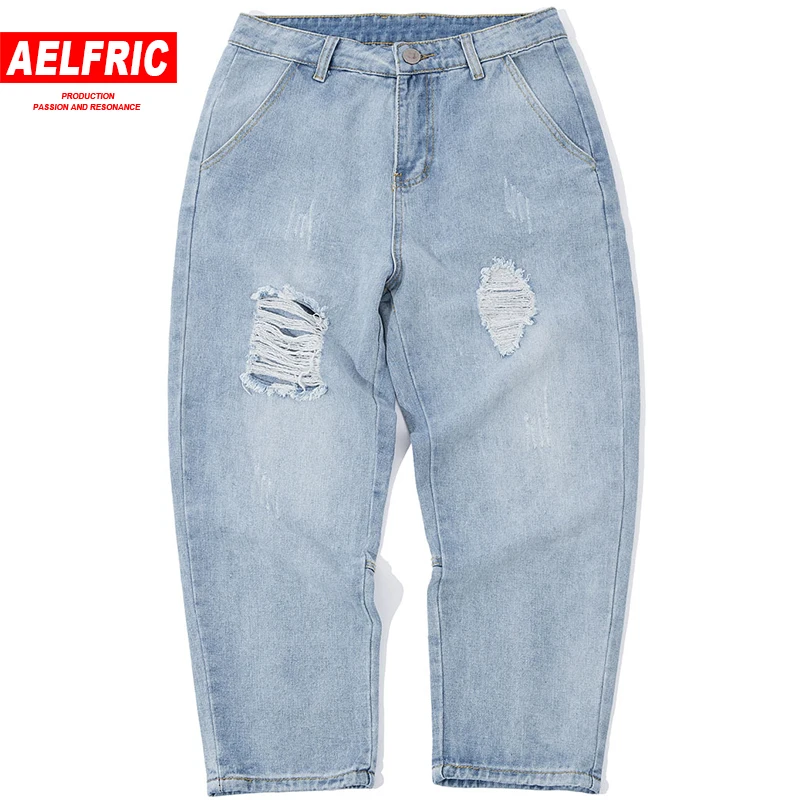 Fashion Denim Button Jeans Men Blue Cargo Sportswear Destroyed Frayed Hole Classic Harem Pants Korea Preppy Style Trousers ZFK21 | Мужская